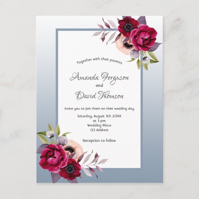 Dusty blue burgundy florals wedding invitation postcard (Front)