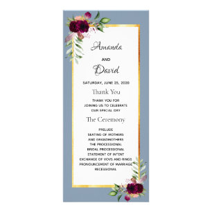 Dusty blue burgundy florals wedding program rack card