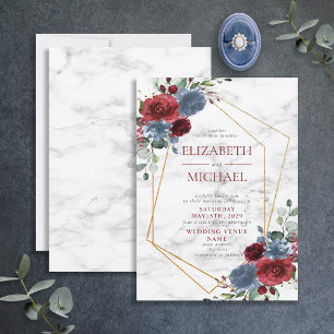 Dusty Blue Burgundy Geometric Floral Marble Spring Invitation