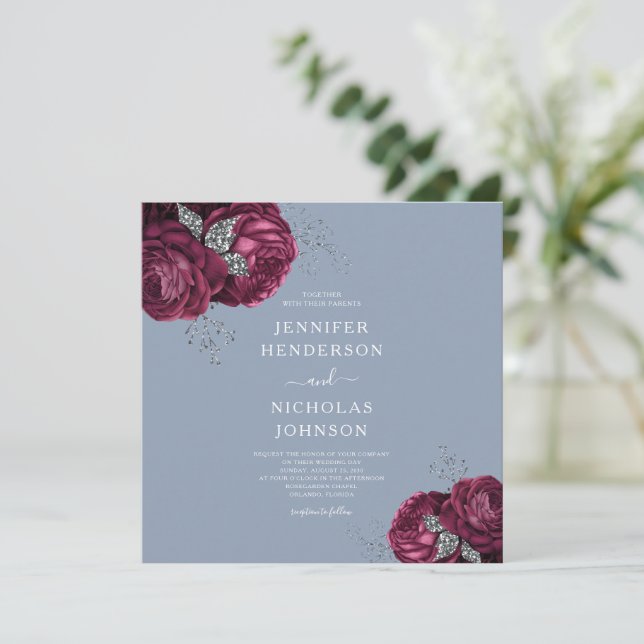Dusty Blue Burgundy Peonies Elegant Wedding Invitation (Standing Front)