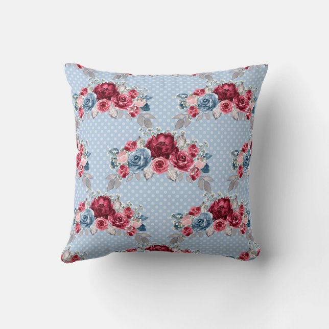 Dusty Blue, Burgundy & Pink Roses Wedding  Cushion (Back)