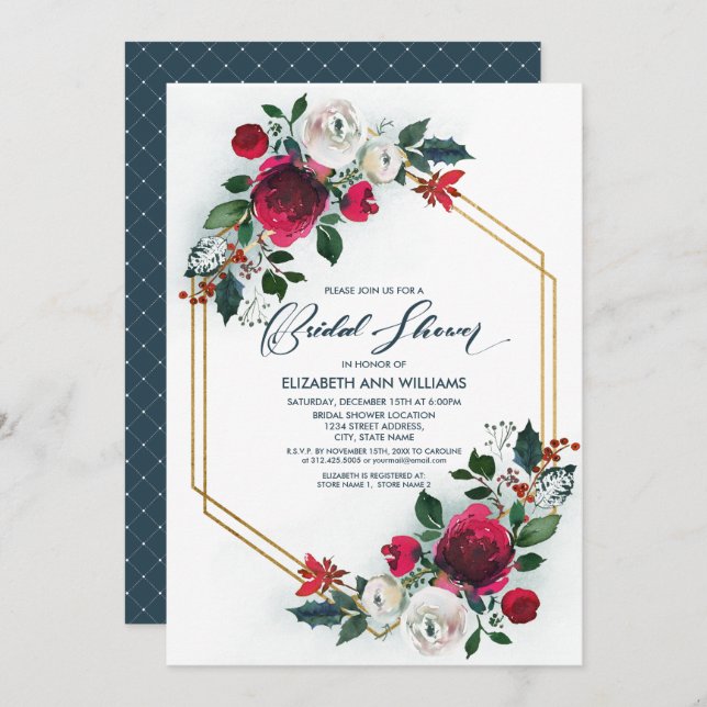 Dusty Blue | Burgundy Red Bloom Bridal Shower Invitation (Front/Back)