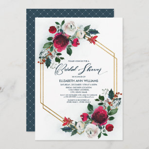 Dusty Blue Burgundy Red Bloom Bridal Shower Invitation