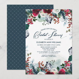 Dusty Blue   Burgundy Red Bloom Bridal Shower Invitation