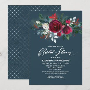 Dusty Blue   Burgundy Red Bloom Bridal Shower Invitation