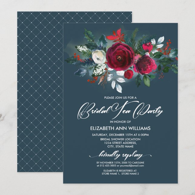 Dusty Blue | Burgundy Red Bloom Bridal Tea Party Invitation (Front/Back)