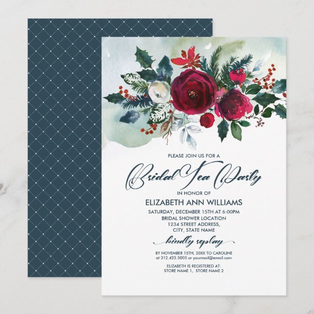 Dusty Blue | Burgundy Red Bloom Bridal Tea Party Invitation (Front/Back)