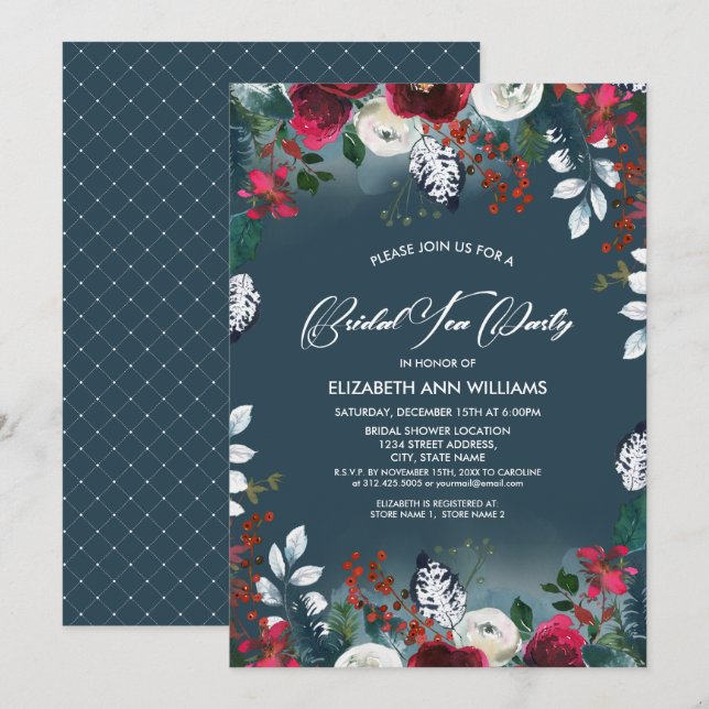 Dusty Blue | Burgundy Red Bloom Bridal Tea Party Invitation (Front/Back)