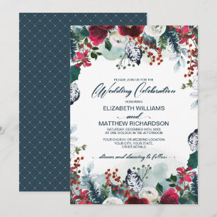 Dusty Blue   Burgundy Red Bloom Wedding Invitation