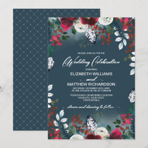 Dusty Blue Burgundy Red Bloom Wedding Invitation