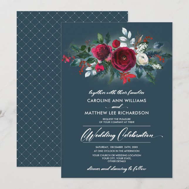 Dusty Blue | Burgundy Red Bloom Wedding Invitation (Front/Back)