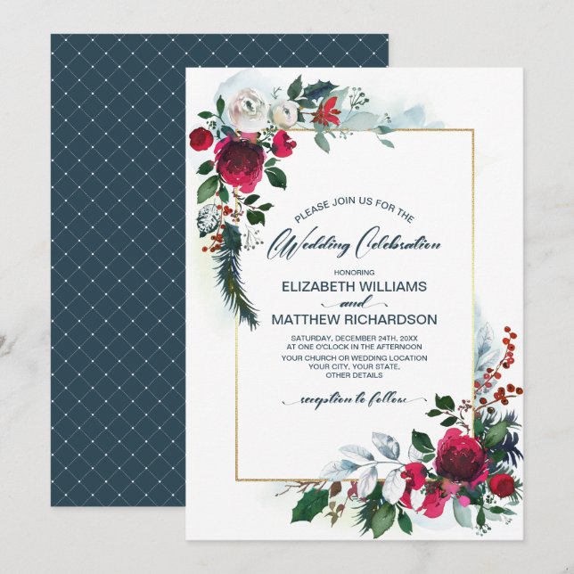 Dusty Blue | Burgundy Red Bloom Winter Wedding Invitation (Front/Back)
