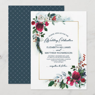 Dusty Blue Burgundy Red Bloom Winter Wedding Invitation