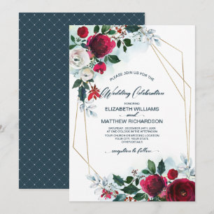 Dusty Blue   Burgundy Red Bloom Winter Wedding Invitation