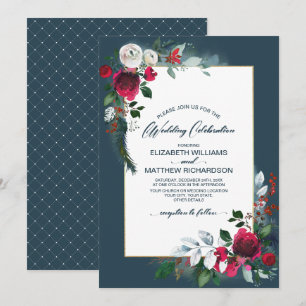 Dusty Blue   Burgundy Red Bloom Winter Wedding Invitation