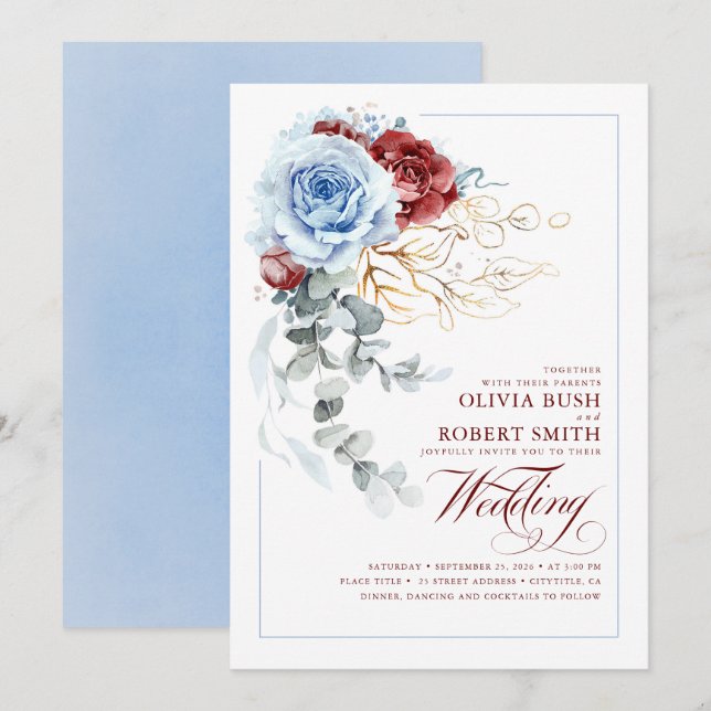 Dusty Blue & Burgundy Red Boho Floral Wedding Invitation (Front/Back)