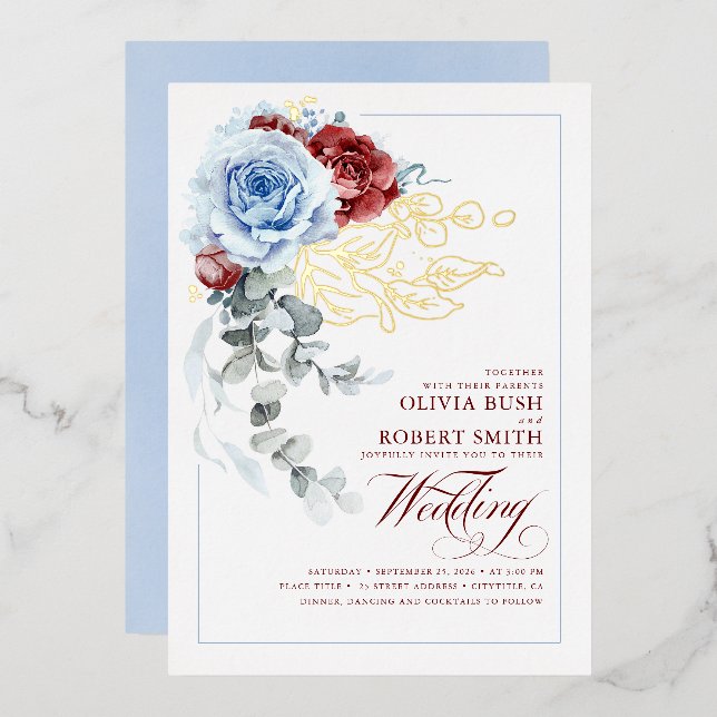 Dusty Blue & Burgundy Red Floral Boho Wedding (Front/Back)