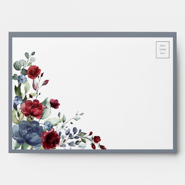 Dusty Blue Burgundy Red Floral Watercolor Envelope (Front)