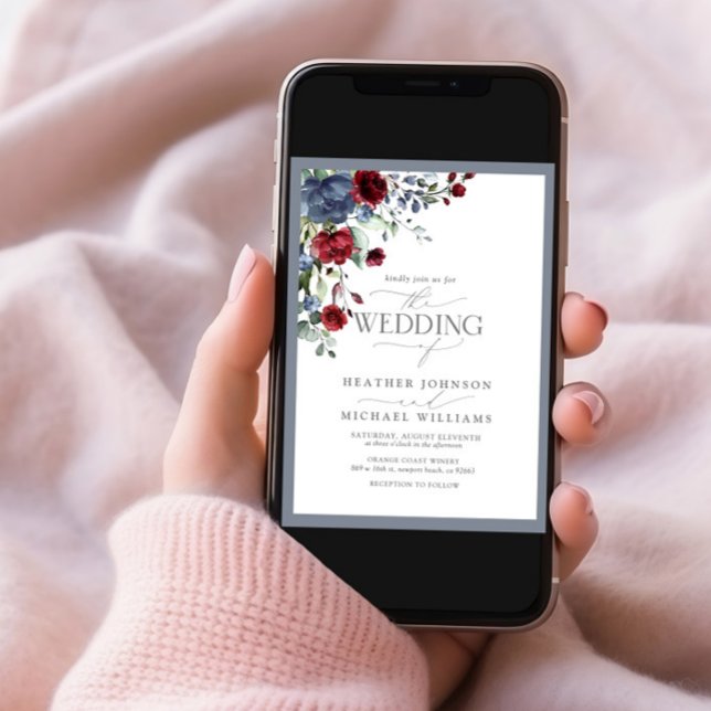 Dusty Blue Burgundy Red Floral Watercolor Photo Invitation (Creator Uploaded)