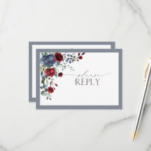Dusty Blue Burgundy Red Floral Watercolor RSVP Card