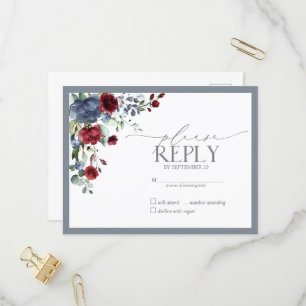Dusty Blue Burgundy Red Floral Watercolor RSVP Invitation Postcard