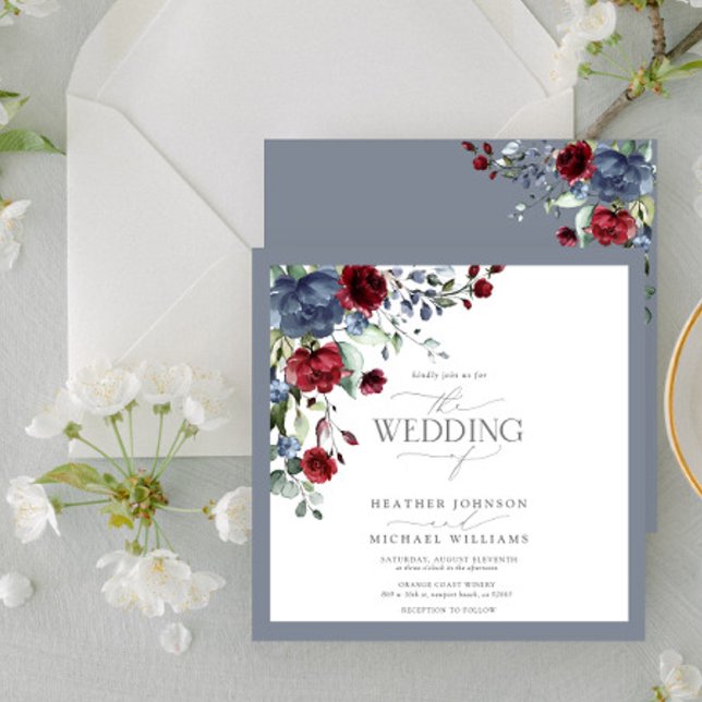 Dusty Blue Burgundy Red Floral Watercolor Script Invitation (Creator Uploaded)