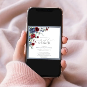 Dusty Blue Burgundy Red Watercolor Bridal Shower Invitation