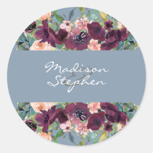 Dusty Blue   Burgundy Watercolor Floral  Wedding Classic Round Sticker