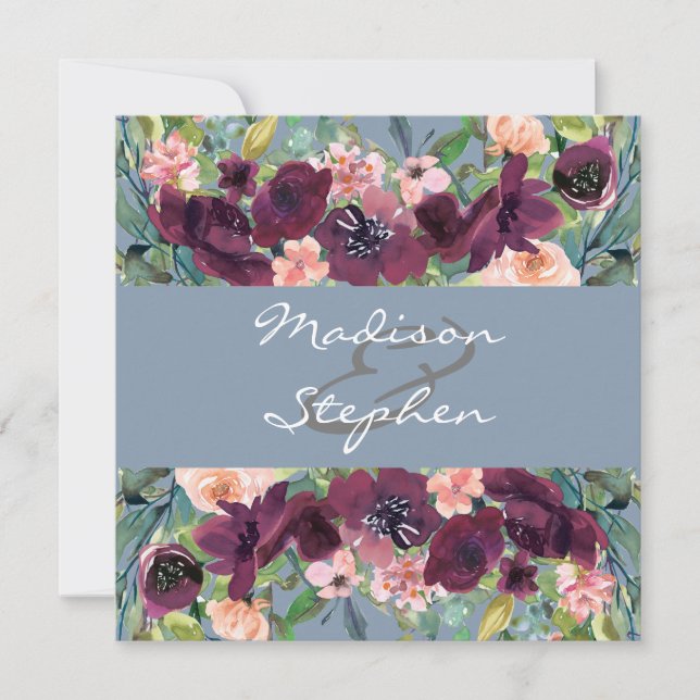 Dusty Blue | Burgundy Watercolor  Wedding Invitation (Front)