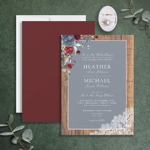 Dusty Blue Burgundy Wood Lace Script Wedding Invit Invitation