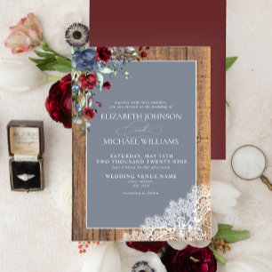 Dusty Blue Burgundy Wood Lace Script Wedding Invitation