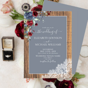 Dusty Blue Burgundy Wood Lace Script Wedding Invitation