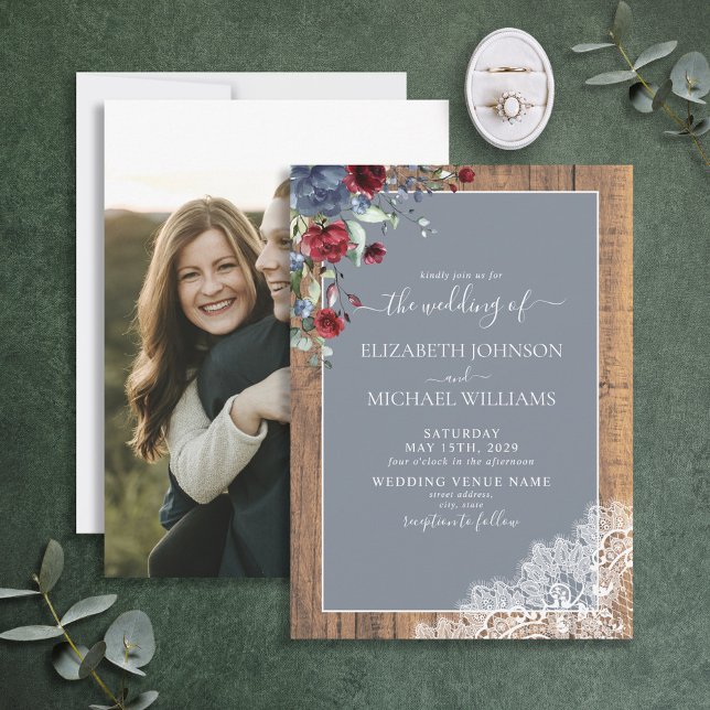 Dusty Blue Burgundy Wood Photo Wedding Invitation (Creator Uploaded)