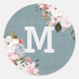 Dusty Blue Burlap Rustic Floral Wedding monogram Classic Round Sticker