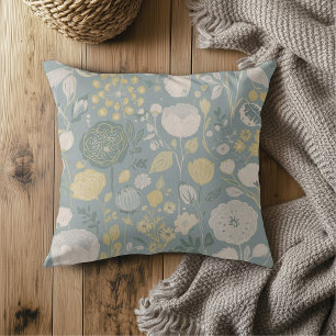 Dusty Blue Butter Yellow Beige Modern Floral Print Cushion