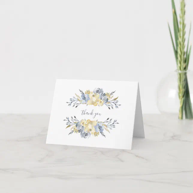 Dusty Blue Butter Yellow Watercolor Floral Thank You Card | Zazzle
