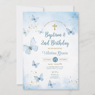 Dusty Blue Butterfly Girl 3rd Birthday Baptism Invitation