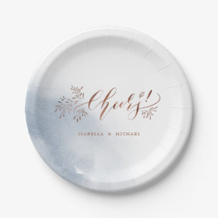 Dusty blue calligraphy cheers rustic floral party paper plate