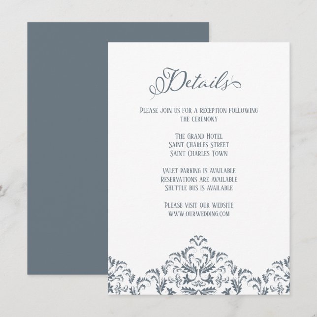 Dusty Blue Calligraphy Elegant Wedding Details Enclosure Card (Front/Back)