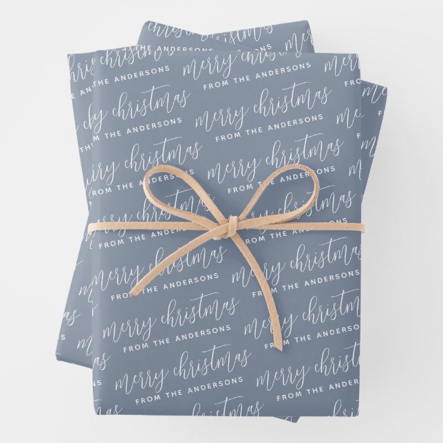 Dusty Blue Calligraphy Merry Christmas Family Wrapping Paper Sheet (In situ)