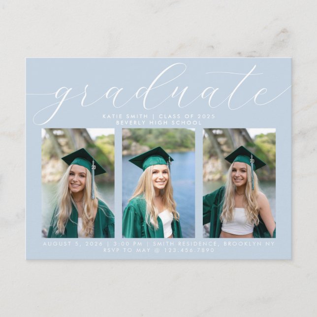 Dusty Blue Calligraphy Minimal Graduation 3 Photo Invitation Postcard (Front)