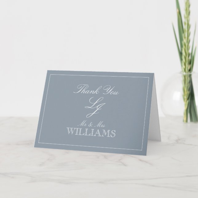 Dusty Blue Calligraphy Monogram Photo Thank You Card (Front)