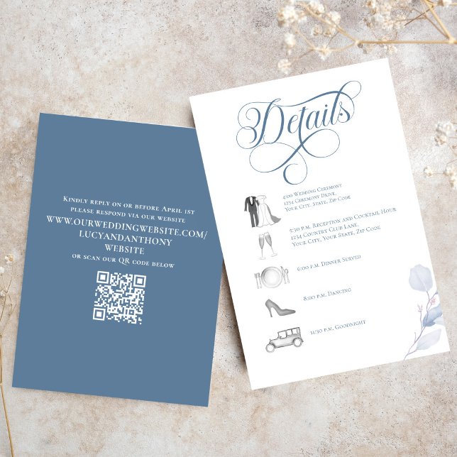 Dusty Blue Calligraphy QR Code Wedding Details Enclosure Card (Dusty blue calligraphy wedding details card with timeline icons and elegant layout)