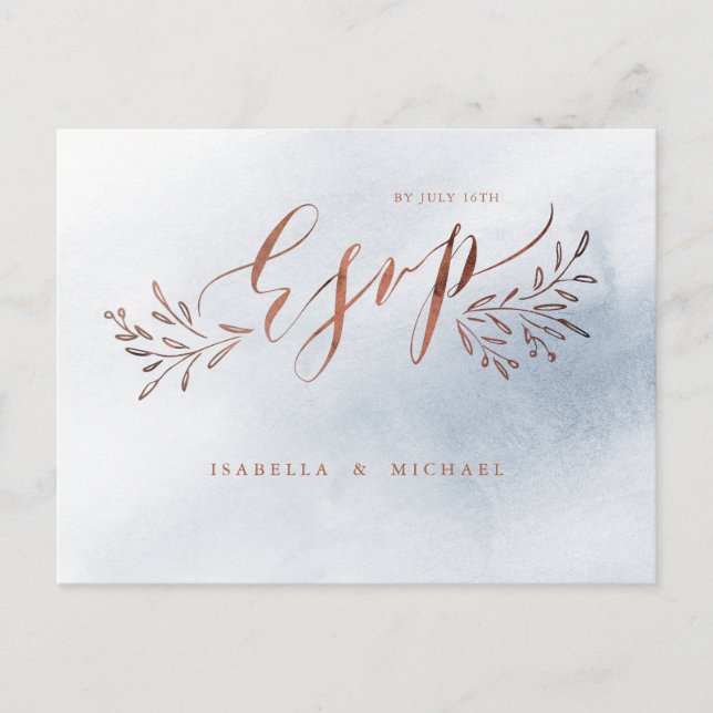 Dusty blue calligraphy rustic floral wedding RSVP Invitation Postcard (Front)