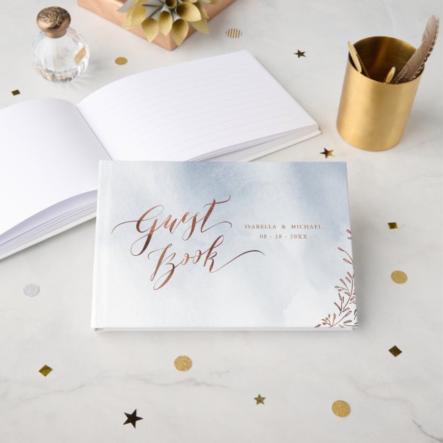 Dusty blue calligraphy rustic wedding guest book (Front Open)