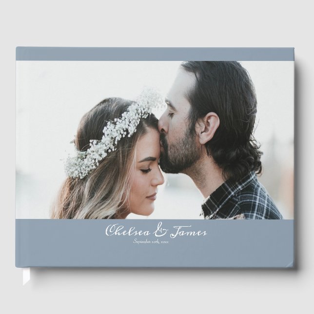 Dusty Blue Calligraphy Script Photo Wedding  Guest Book (Front)