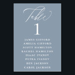 Dusty Blue Calligraphy Seating Chart Table Number<br><div class="desc">Elegant white calligraphy "table",  with guest names listed and table number,  wedding table number seating chart card. Background colour shown in dusty blue,  can be customised.</div>