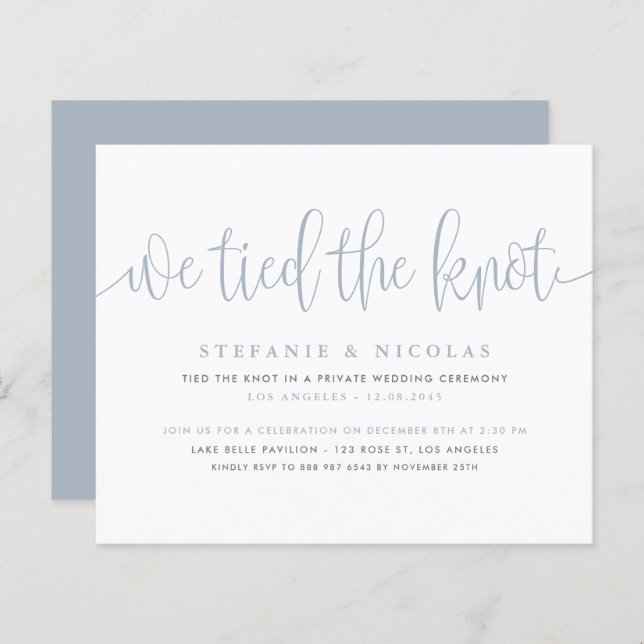 Dusty Blue Calligraphy We Tied The Knot Invitation (Front/Back)
