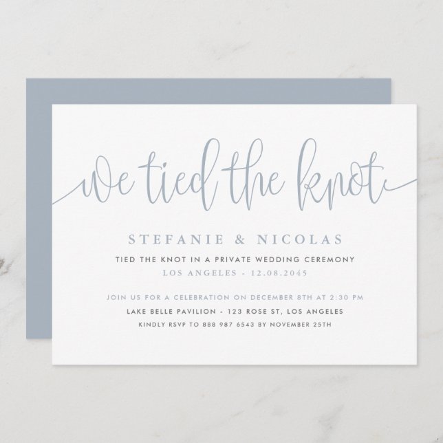 Dusty Blue Calligraphy We Tied The Knot Wedding Invitation (Front/Back)