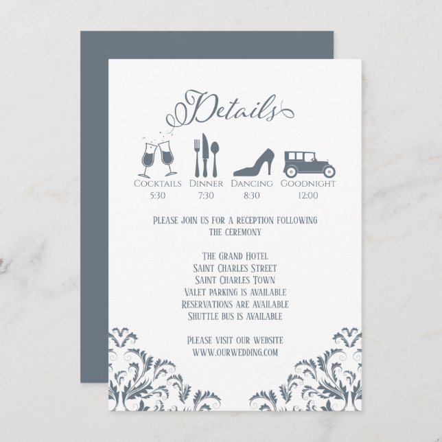 Dusty Blue Calligraphy Wedding Details Elegant Enclosure Card (Front/Back)